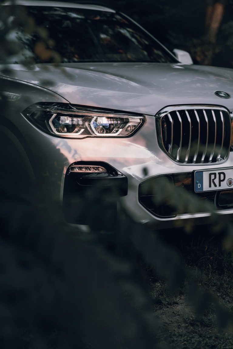 Close-up of a sleek silver SUV amidst foliage, showcasing luxury and design.